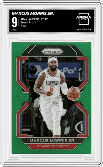 Marcus Morris Sr. from the 2021-22 Panini Prizm  set featuring a Green Prizm parallel graded by Arena Club and given an overall grade of 9.