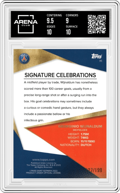 Georginio Wijnaldum from the 2021-22 Topps Paris Saint-Germain set featuring a Neon Green Icy Foil parallel graded by Arena Club and given an overall grade of 9.5.