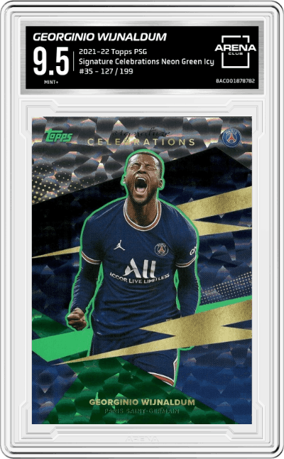Georginio Wijnaldum from the 2021-22 Topps Paris Saint-Germain set featuring a Neon Green Icy Foil parallel graded by Arena Club and given an overall grade of 9.5.