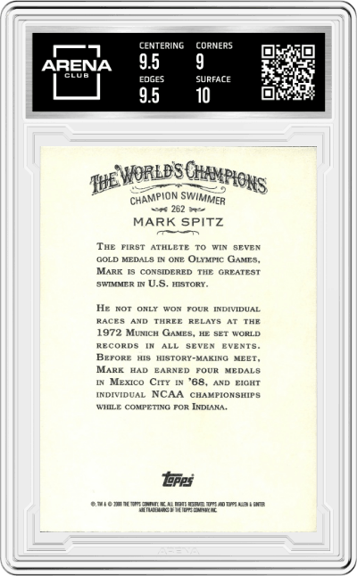 Mark Spitz from the 2008 Topps Allen & Ginter set graded by Arena Club and given an overall grade of 9.5.