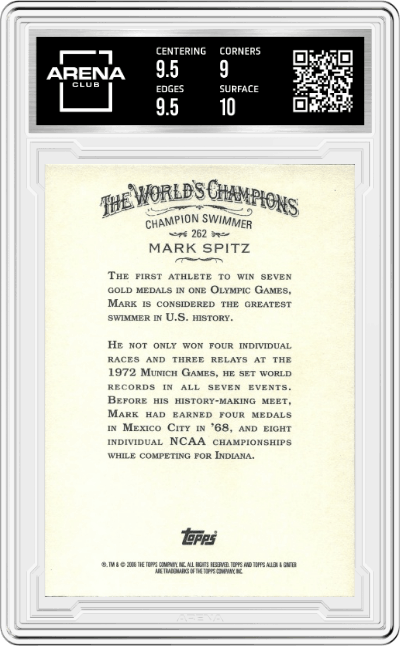 Mark Spitz from the 2008 Topps Allen & Ginter set graded by Arena Club and given an overall grade of 9.5.