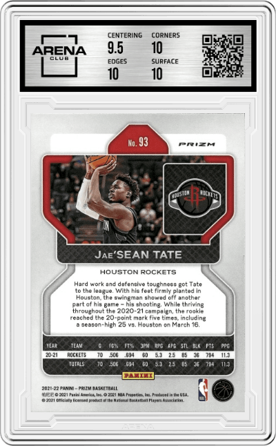 Jae'Sean Tate from the 2021-22 Panini Prizm  set featuring a NBA 75th Prizm parallel graded by Arena Club and given an overall grade of 10.