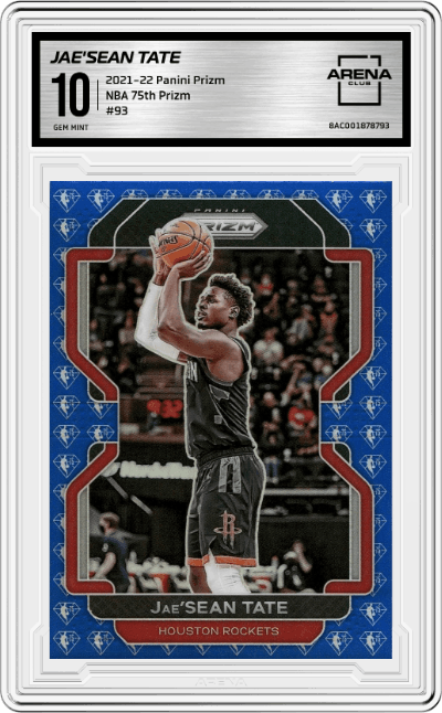 Jae'Sean Tate from the 2021-22 Panini Prizm  set featuring a NBA 75th Prizm parallel graded by Arena Club and given an overall grade of 10.