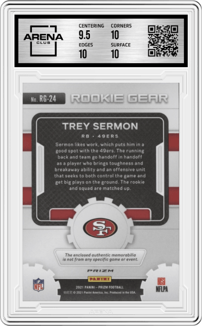 Trey Sermon from the 2021 Panini Prizm set featuring a Silver Prizm parallel graded by Arena Club and given an overall grade of 10.