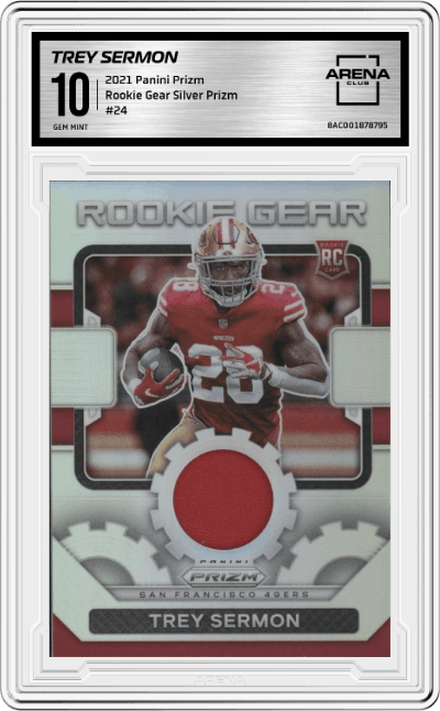 Trey Sermon from the 2021 Panini Prizm set featuring a Silver Prizm parallel graded by Arena Club and given an overall grade of 10.