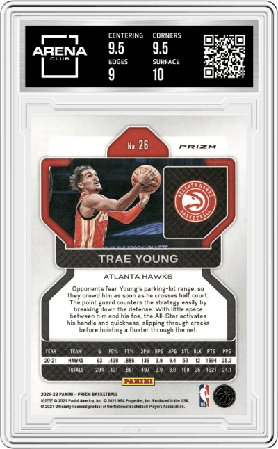Trae Young from the 2021-22 Panini Prizm  set featuring a NBA 75th Prizm parallel graded by Arena Club and given an overall grade of 9.5.