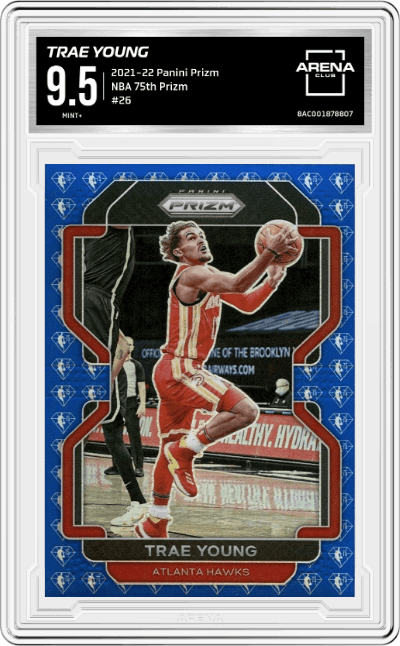 Trae Young from the 2021-22 Panini Prizm  set featuring a NBA 75th Prizm parallel graded by Arena Club and given an overall grade of 9.5.