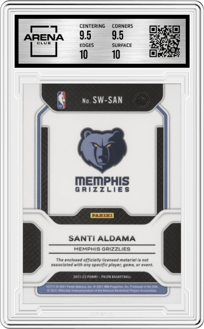 Santi Aldama from the 2021-22 Panini Prizm  set graded by Arena Club and given an overall grade of 10.