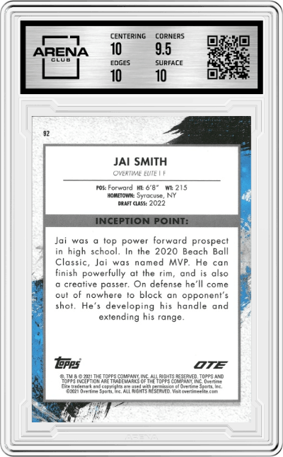 Jai Smith from the 2021-22 Topps Inception OTE set featuring a Yellow parallel graded by Arena Club and given an overall grade of 10.