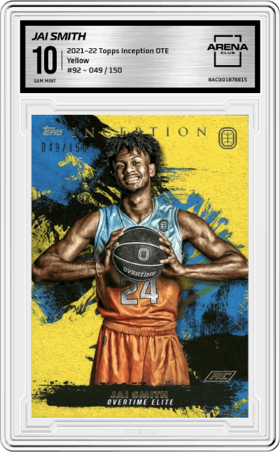 Jai Smith from the 2021-22 Topps Inception OTE set featuring a Yellow parallel graded by Arena Club and given an overall grade of 10.