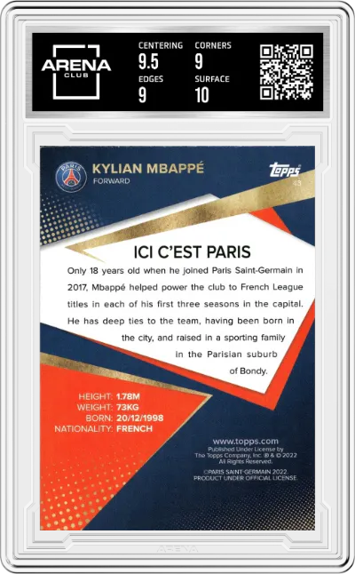 Kylian Mbappe from the 2021-22 Topps Paris Saint-Germain set graded by Arena Club and given an overall grade of 9.5.