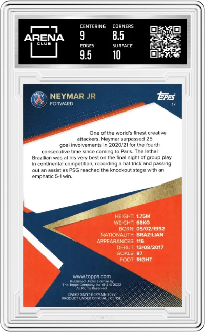 Neymar Jr from the 2021-22 Topps Paris Saint-Germain set graded by Arena Club and given an overall grade of 9.