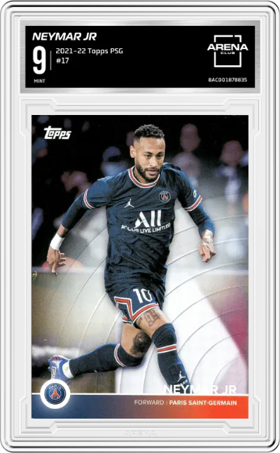 Neymar Jr from the 2021-22 Topps Paris Saint-Germain set graded by Arena Club and given an overall grade of 9.