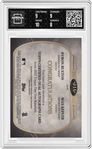Byron Buxton/Max Kepler from the 2021 Topps Tier One set graded by Arena Club and given an overall grade of 8.5.