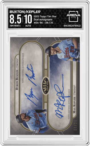 Byron Buxton/Max Kepler from the 2021 Topps Tier One set graded by Arena Club and given an overall grade of 8.5.