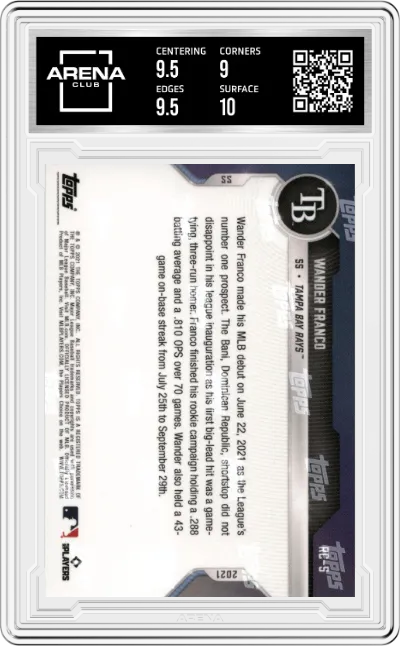 Wander Franco from the 2021-22 Topps Now Offseason set graded by Arena Club and given an overall grade of 9.5.