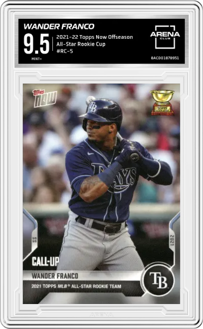Wander Franco from the 2021-22 Topps Now Offseason set graded by Arena Club and given an overall grade of 9.5.