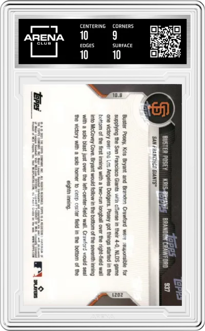 Buster Posey / Kris Bryant / Brandon Crawford from the 2021 Topps Now set featuring a Blue parallel graded by Arena Club and given an overall grade of 9.5.
