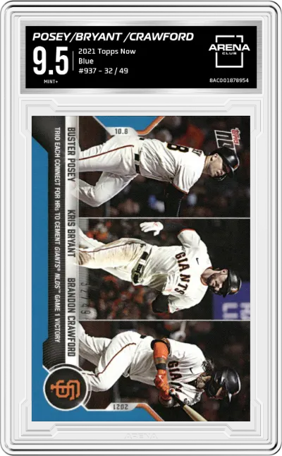 Buster Posey / Kris Bryant / Brandon Crawford from the 2021 Topps Now set featuring a Blue parallel graded by Arena Club and given an overall grade of 9.5.