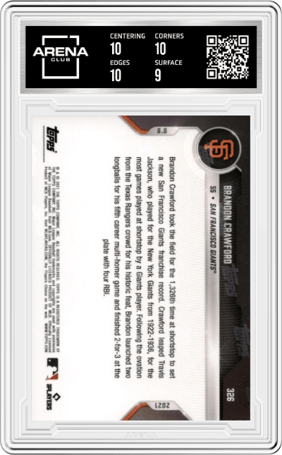 Brandon Crawford from the 2021 Topps Now set featuring a Blue parallel graded by Arena Club and given an overall grade of 9.5.