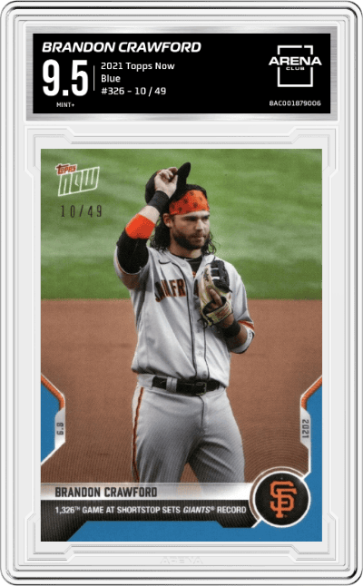 Brandon Crawford from the 2021 Topps Now set featuring a Blue parallel graded by Arena Club and given an overall grade of 9.5.