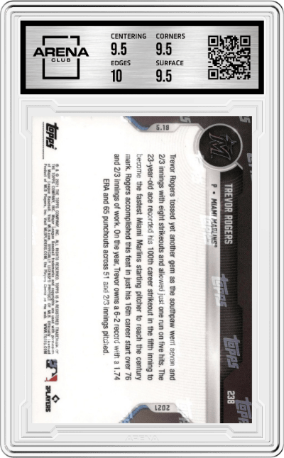 Trevor Rogers from the 2021 Topps Now set featuring a Blue parallel graded by Arena Club and given an overall grade of 10.