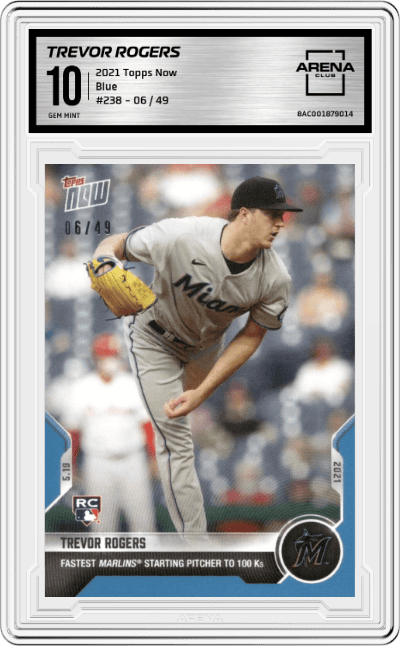 Trevor Rogers from the 2021 Topps Now set featuring a Blue parallel graded by Arena Club and given an overall grade of 10.