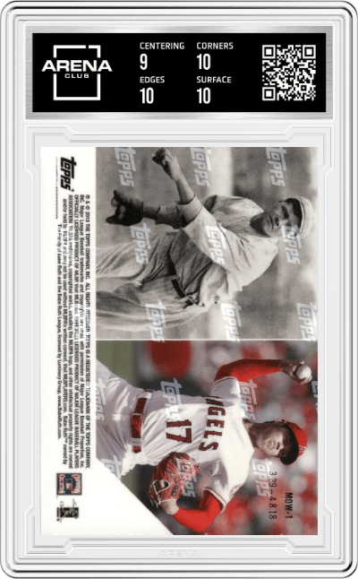 Babe Ruth/Shohei Ohtani from the 2018 Topps Now Moment of the Week set graded by Arena Club and given an overall grade of 9.5.
