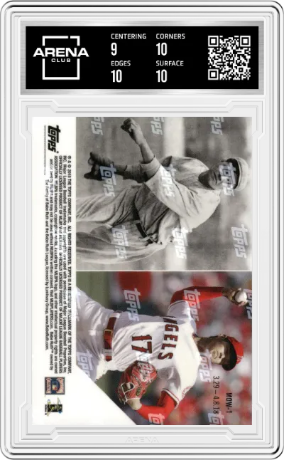 Babe Ruth/Shohei Ohtani from the 2018 Topps Now Moment of the Week set graded by Arena Club and given an overall grade of 9.5.