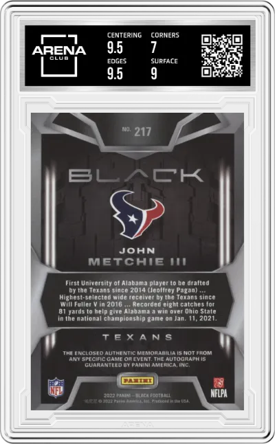 John Metchie III from the 2022 Panini Black set graded by Arena Club and given an overall grade of 7.5.