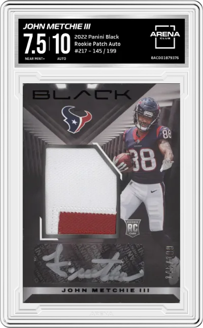 John Metchie III from the 2022 Panini Black set graded by Arena Club and given an overall grade of 7.5.