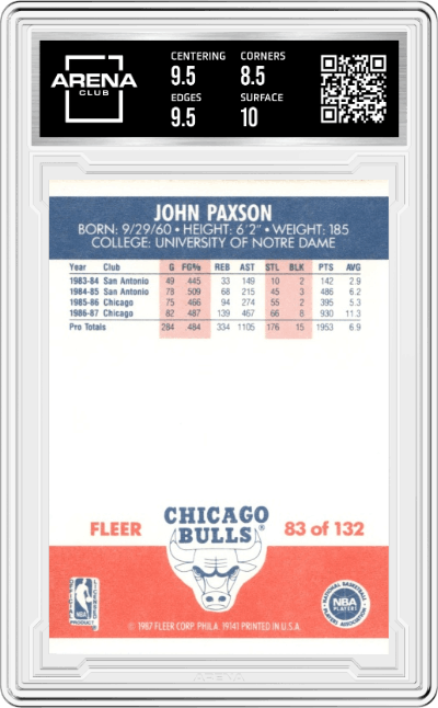 John Paxson from the 1987-88 Fleer Basketball set graded by Arena Club and given an overall grade of 9.
