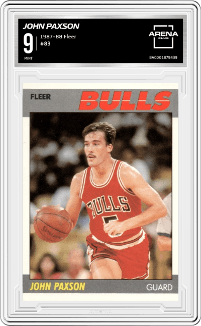 John Paxson from the 1987-88 Fleer Basketball set graded by Arena Club and given an overall grade of 9.