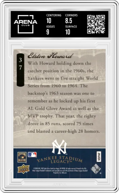 Elston Howard from the 2008 UD Yankee Stadium Legacy Box Set set graded by Arena Club and given an overall grade of 9.