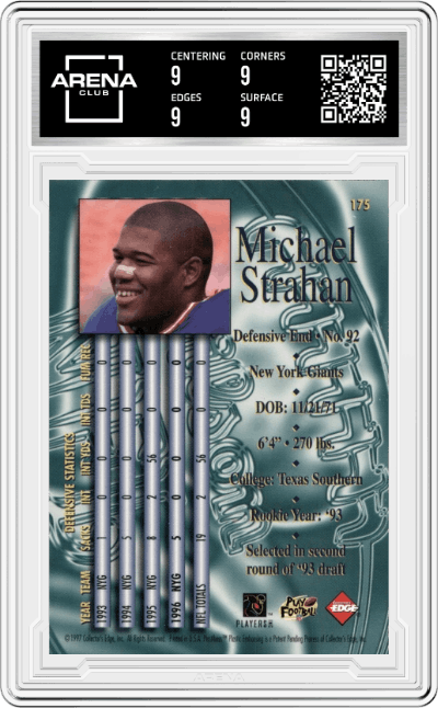 Michael Strahan from the 1997 Collector's Edge Masters set graded by Arena Club and given an overall grade of 9.