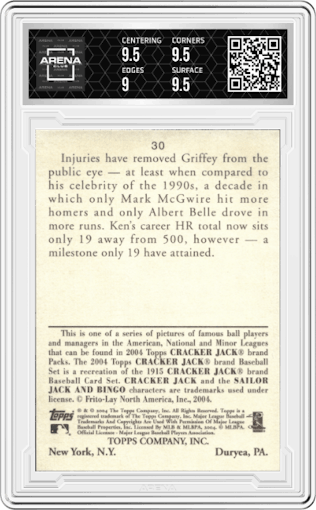 Ken Griffey Jr. from the 2004 Topps Cracker Jack set graded by Arena Club and given an overall grade of 9.5.