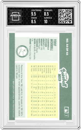 Todd Worrell from the 1989 Fleer Baseball MVP set graded by Arena Club and given an overall grade of 9.