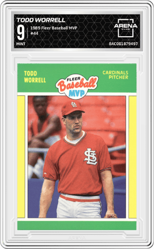 Todd Worrell from the 1989 Fleer Baseball MVP set graded by Arena Club and given an overall grade of 9.