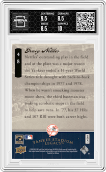 Graig Nettles  from the 2008 UD Yankee Stadium Legacy Box Set set graded by Arena Club and given an overall grade of 9.