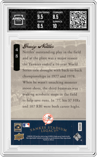 Graig Nettles  from the 2008 UD Yankee Stadium Legacy Box Set set graded by Arena Club and given an overall grade of 9.