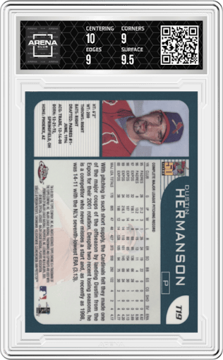 Dustin Hermanson from the 2001 Topps Traded and Rookies Baseball set graded by Arena Club and given an overall grade of 9.5.