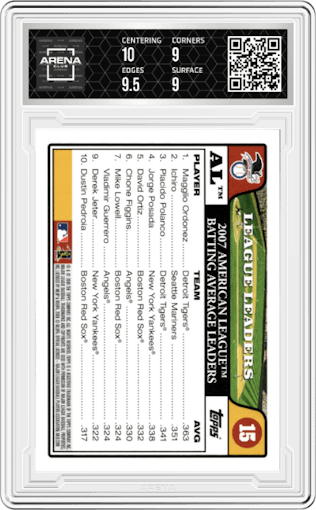 Ordonez/Ichiro/Polanco from the 2008 Topps set graded by Arena Club and given an overall grade of 9.5.