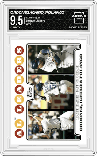 Ordonez/Ichiro/Polanco from the 2008 Topps set graded by Arena Club and given an overall grade of 9.5.