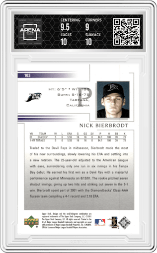 Nick Bierbrodt from the 2002 Upper Deck  set graded by Arena Club and given an overall grade of 9.5.