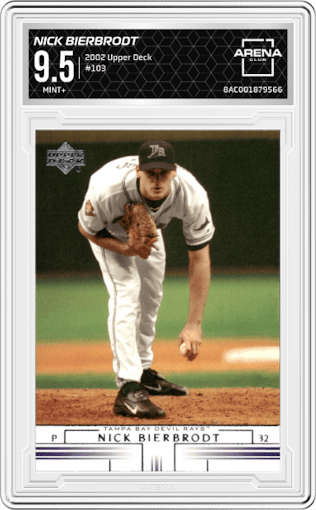 Nick Bierbrodt from the 2002 Upper Deck  set graded by Arena Club and given an overall grade of 9.5.