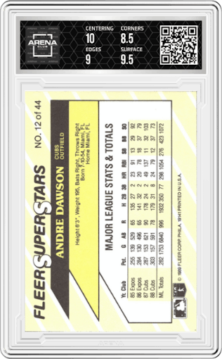 Andre Dawson from the 1989 Fleer SuperStars set graded by Arena Club and given an overall grade of 9.