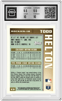 Todd Helton from the 1996 Topps set graded by Arena Club and given an overall grade of 10.