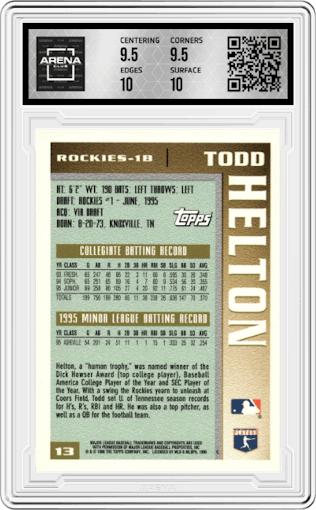 Todd Helton from the 1996 Topps set graded by Arena Club and given an overall grade of 10.