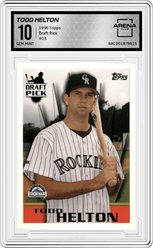 Todd Helton from the 1996 Topps set graded by Arena Club and given an overall grade of 10.