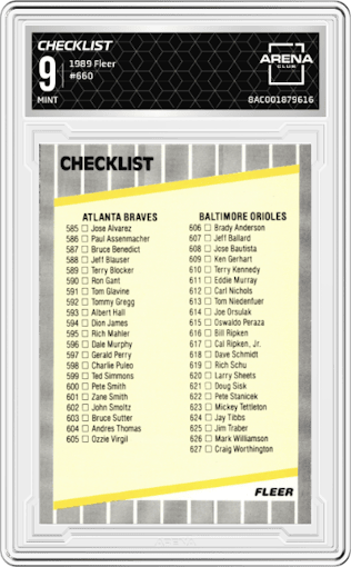 Checklist from the 1989 Fleer set graded by Arena Club and given an overall grade of 9.